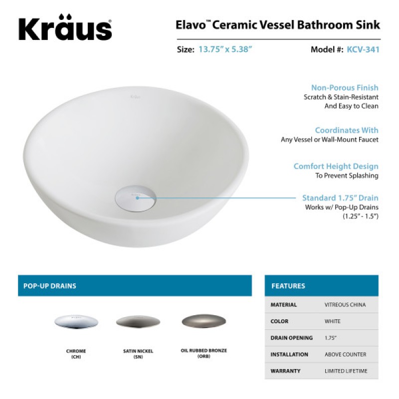 KRAUS Elavo™ Small Round Ceramic Vessel Bathroom Sink in White with Pop-Up Drain in Oil Rubbed Bronze