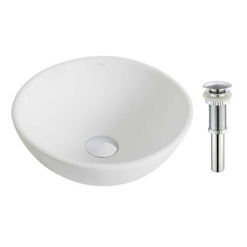 KRAUS Elavo™ Small Round Ceramic Vessel Bathroom Sink in White with Pop-Up Drain in Chrome