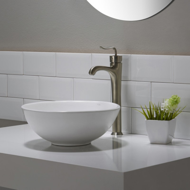 Elavo™ Small Round Ceramic Vessel Bathroom Sink in White with Pop-Up Drain in Chrome