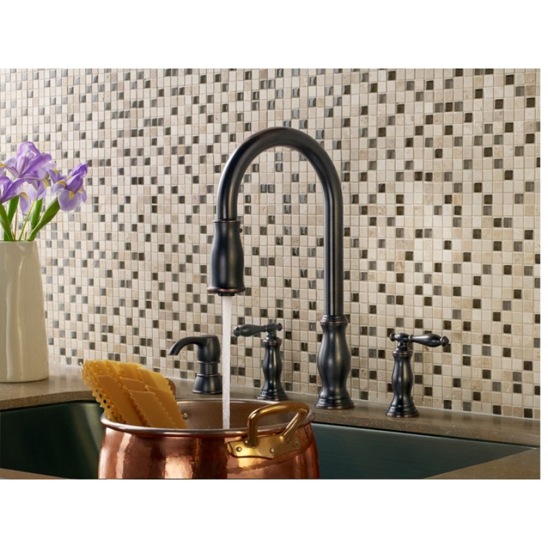 Pfister Hanover Kitchen Faucet With Pull-Down Sprayer & Soap Dispenser – 2-Handle High Arc, Tuscan Bronze (F5314HNY)