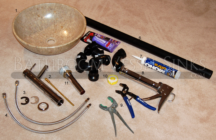 All the items required to perform the vessel sink installation